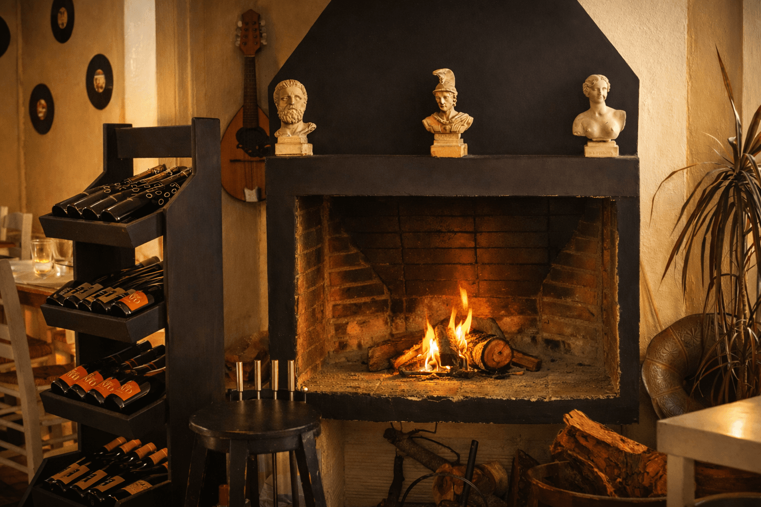 Ta Pinakia fireplace with busts, guitar, and wine rack